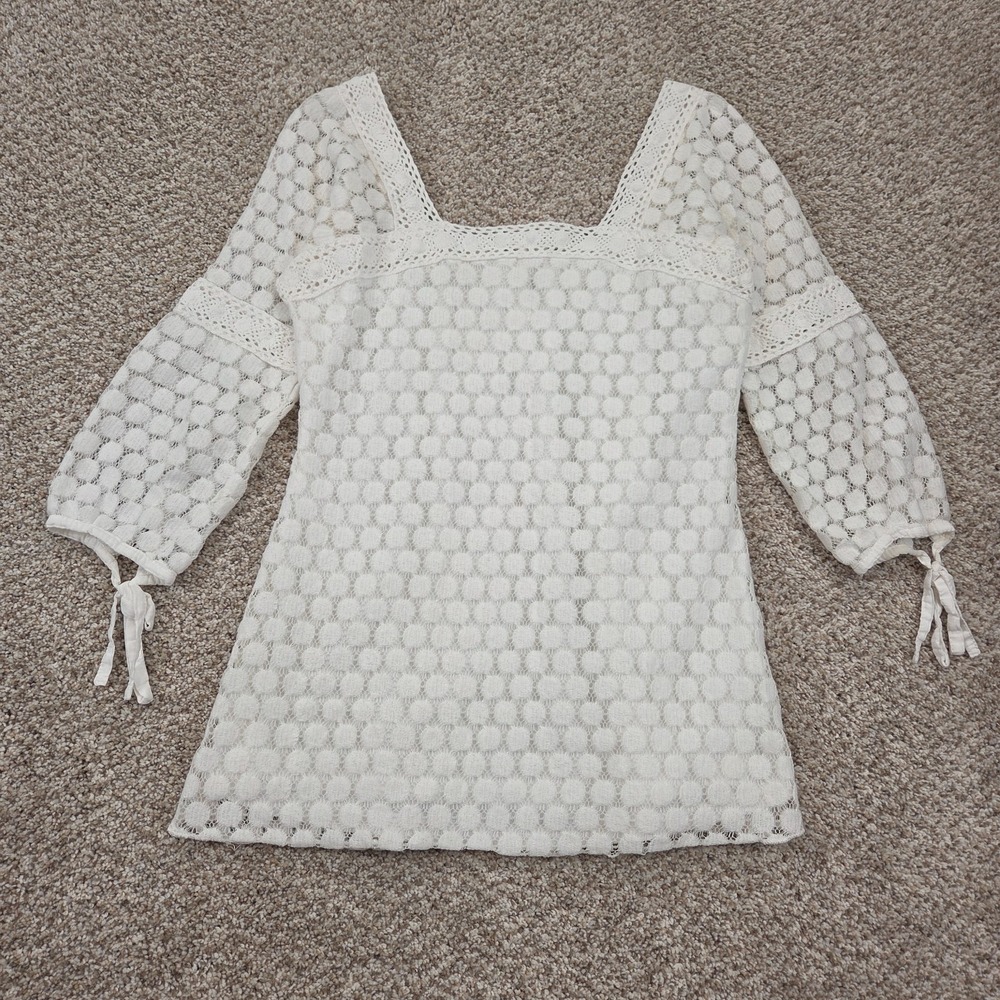 Solitaire Crochet Lace Blouse Top Small White Square Neck Boho Hippie Festival